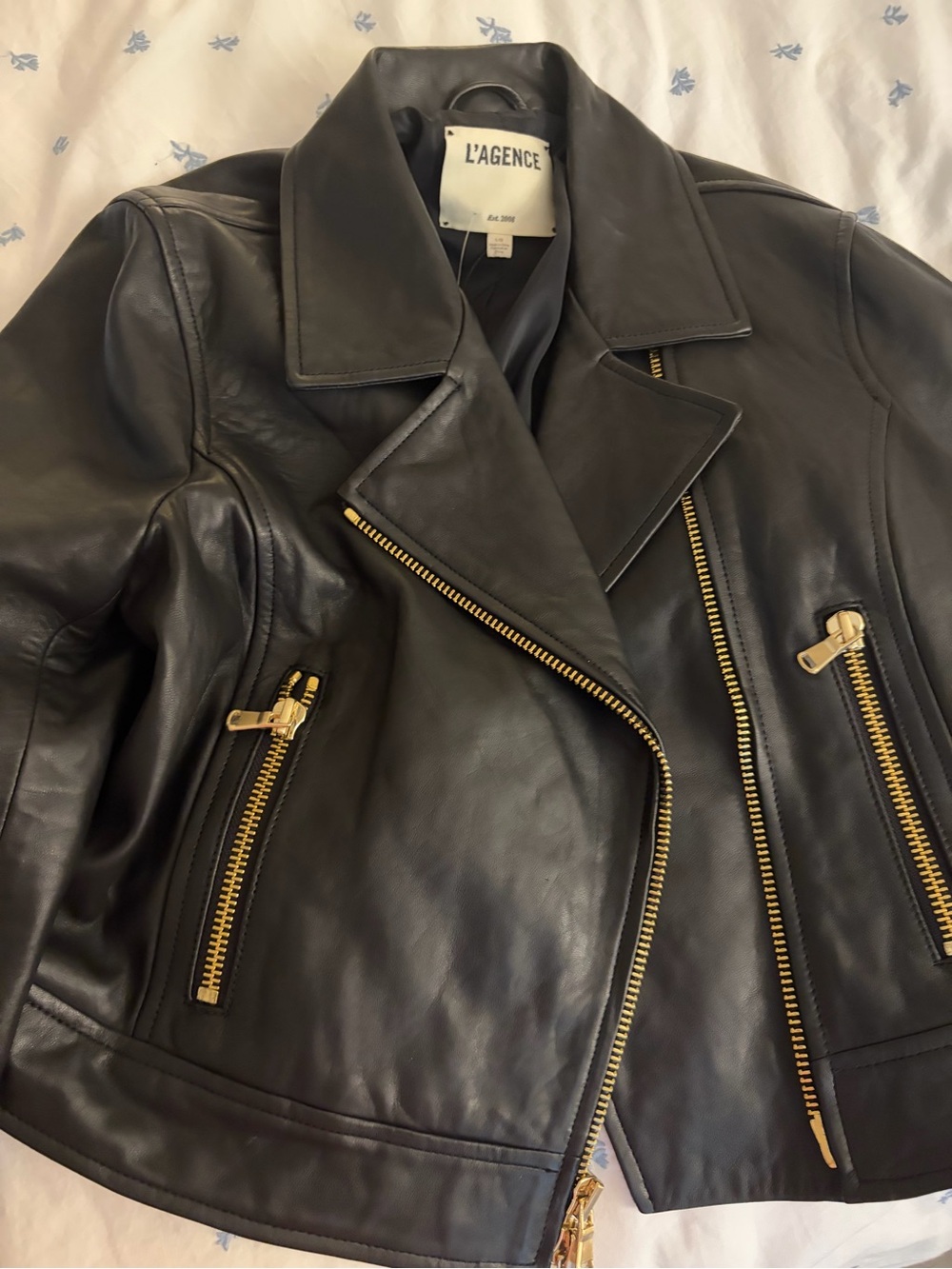L'AGENCE Black Leather Moto Jacket with Gold Hardware NWT size large